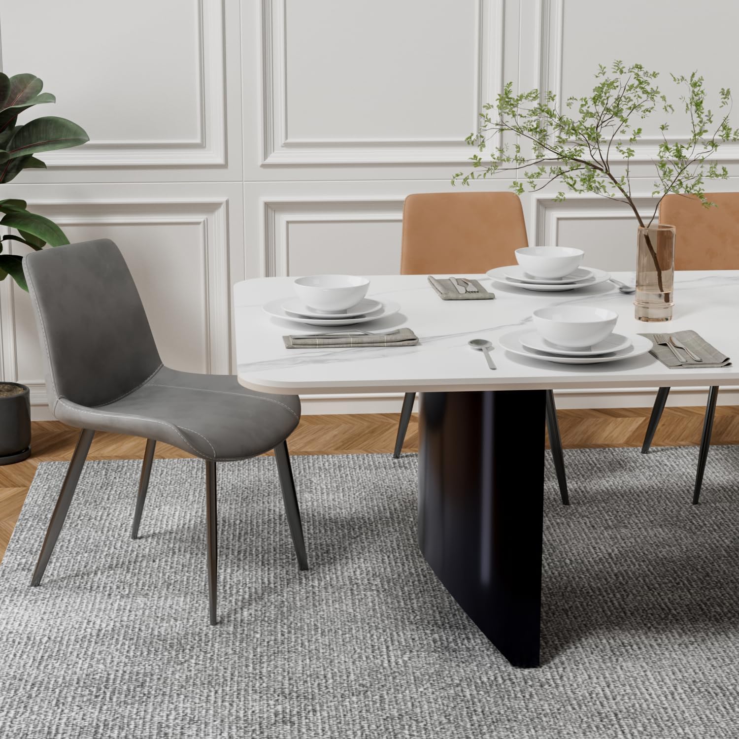 Modern White Dining Table for 6 to 8 People, 70.9" High Hardness Sintered Stone Table for Dining Room and Easy Maintenance - Half-Round Stainless Steel Base(Table Only)