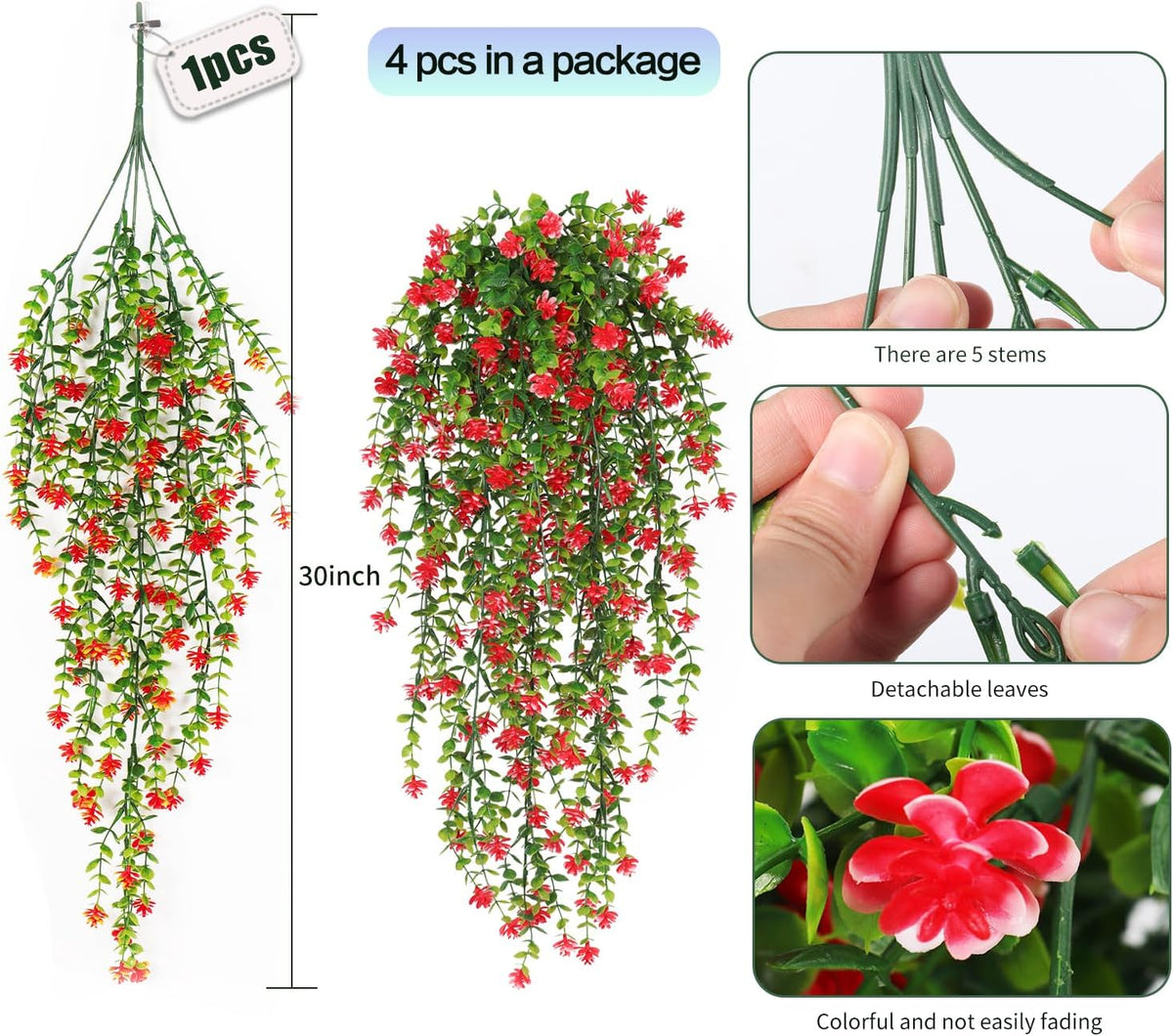 SJL Artificial Hanging Plant 4pcs Fake Hanging Plants Greenery Decor Plastic Flower Artificial Plants Indoor Fern Ivy Leaves Flowers Real Touch Stem for Wedding Party Outside Home (Red)