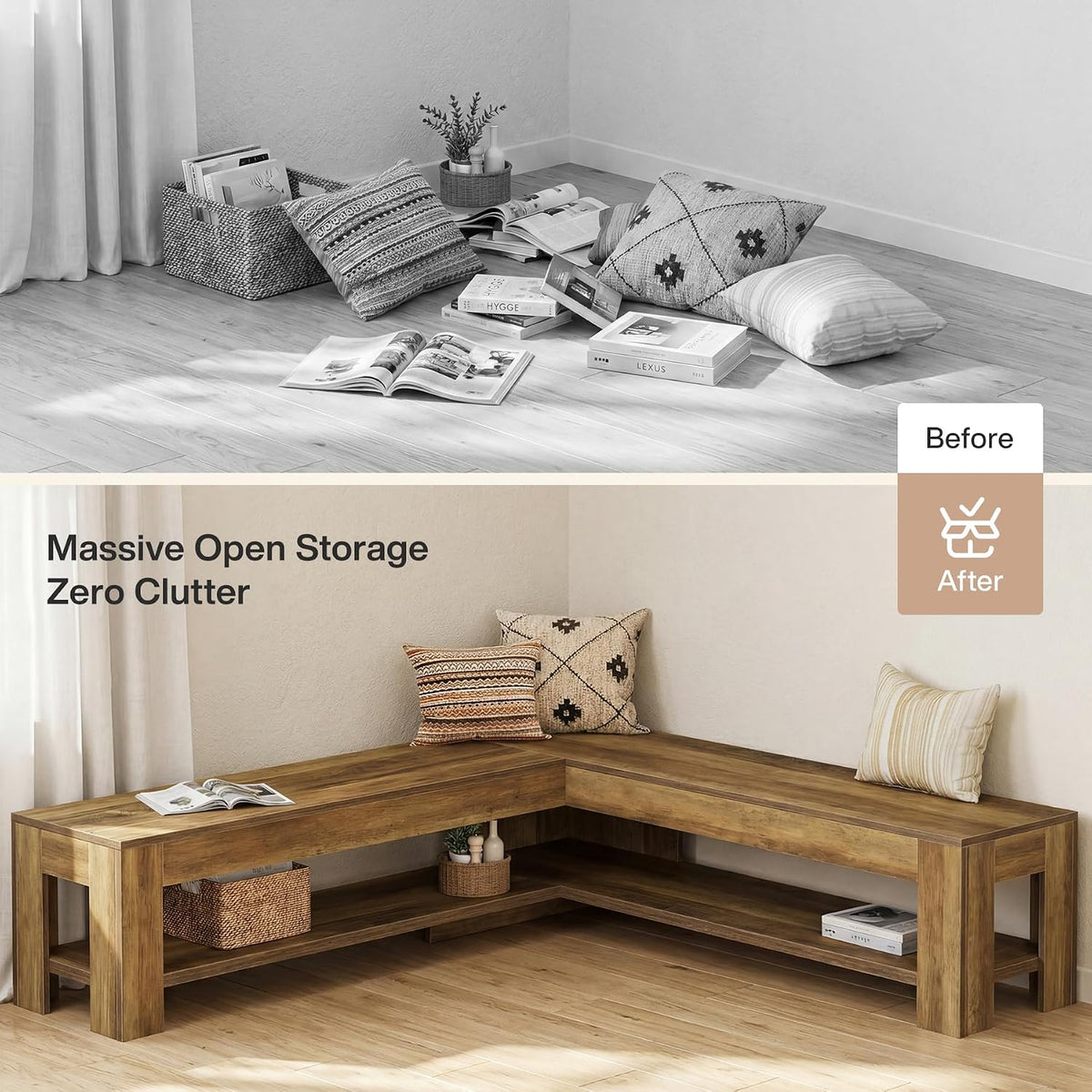 Tribesigns L-Shaped Corner Bench with Storage Shelf, 62.99'' Rustic Wooden Breakfast Nook Bench for Kitchen, Foyer, Living Room, Kitchen, Brown