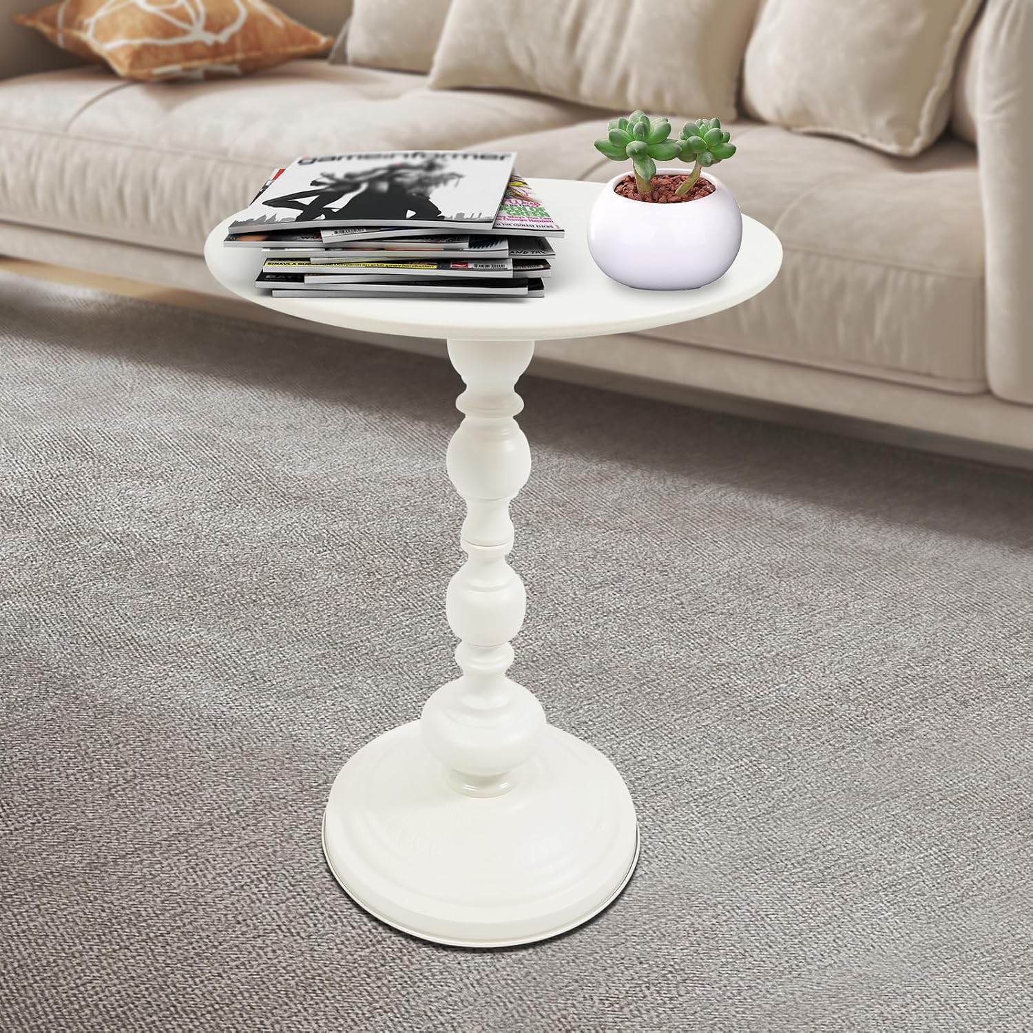 Small Round Side Table - Retro Metal Pedestal End Table for Living Room, Bedroom, Sofa & Small Spaces, 15.7'' ×20.5'' (White)