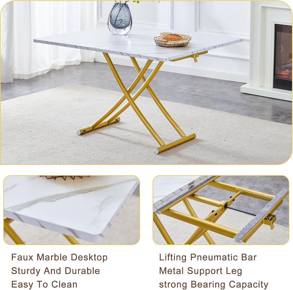 Height Adjustable Folding Table - Converts from Coffee to Dining, Wooden Top with Sturdy Metal Legs, Ideal for Small Living/Kitchen Spaces (White+Gold)