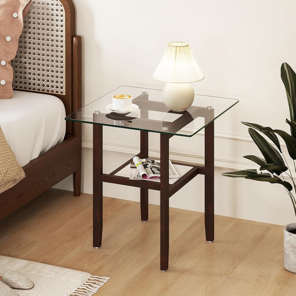 Tangkula 24" Square Glass Side Table, 2-Tier End Table with Storage Shelf & Rubber Wood Frame, Modern Accent Sofa Table for Living Room, Home, Office, Brown (1, Brown)