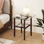 Tangkula 24" Square Glass Side Table, 2-Tier End Table with Storage Shelf & Rubber Wood Frame, Modern Accent Sofa Table for Living Room, Home, Office, Brown (1, Brown)