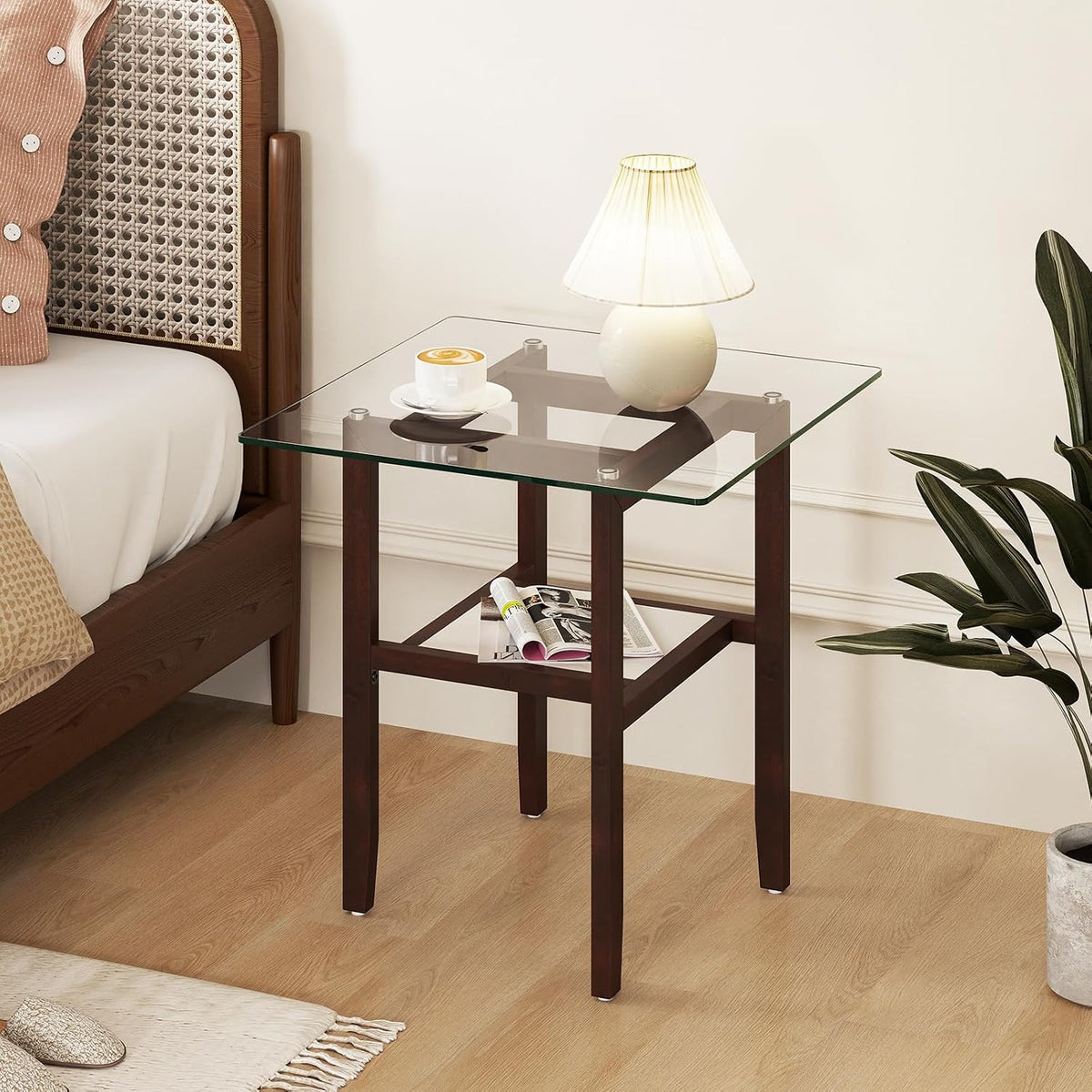 Tangkula 24" Square Glass Side Table, 2-Tier End Table with Storage Shelf & Rubber Wood Frame, Modern Accent Sofa Table for Living Room, Home, Office, Brown (1, Brown)