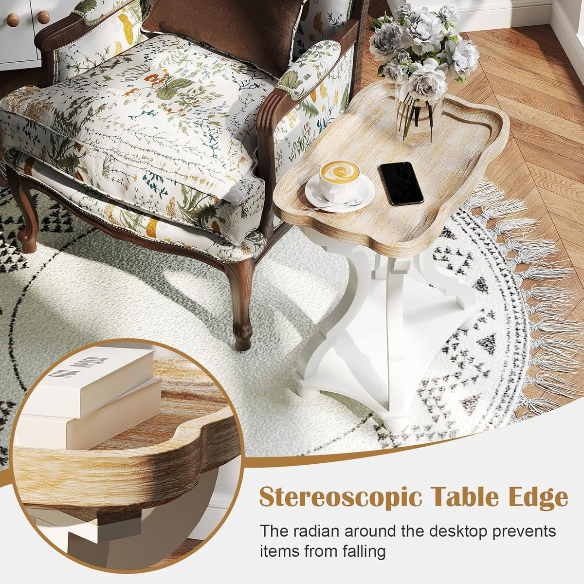 kinbor Farmhouse Side Table - Rustic End Table with an Open Shelf & Raised Edge, Accent Table with Distressed White Finish and Solid Wood Legs - Perfect for Living Room, Bedroom, Entryway, White