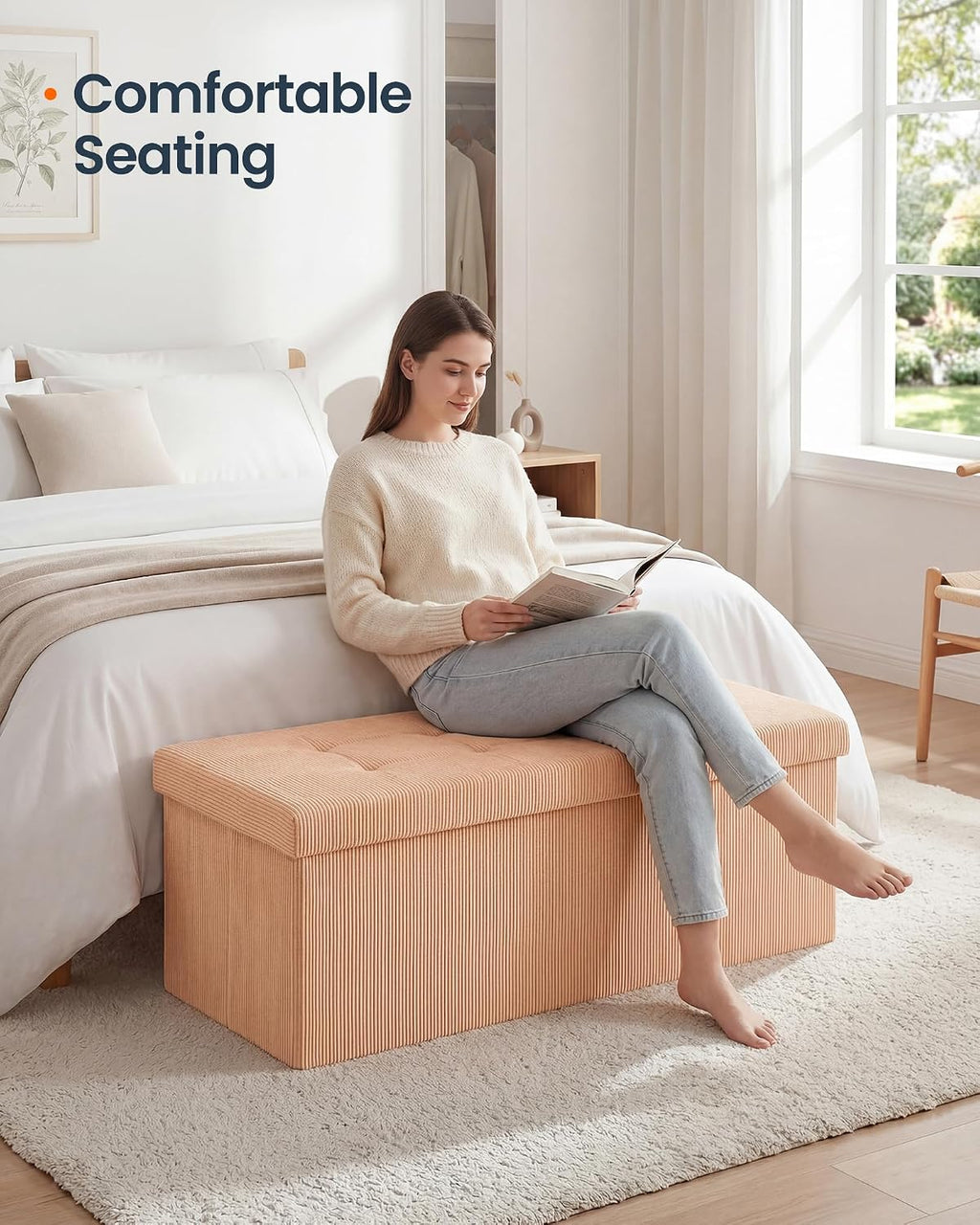 SONGMICS Home Ottoman with Storage, Removable Lid, Folding Storage Chest, Easy Assembly, for Entryway, Bedroom, Living Room, 15.2 x 43.2 x 15.2 Inches, Corduroy, Light Orange
