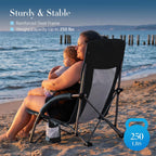 DUMOS Folding Camping Beach Chair, Lightweight Low Portable Beach Chair with Cup Holder, Storage Pocket, Breeze Mesh Back, Padded Armrests, Low Profile Chair for Camp, Picnic, Lawn, Sand, Black