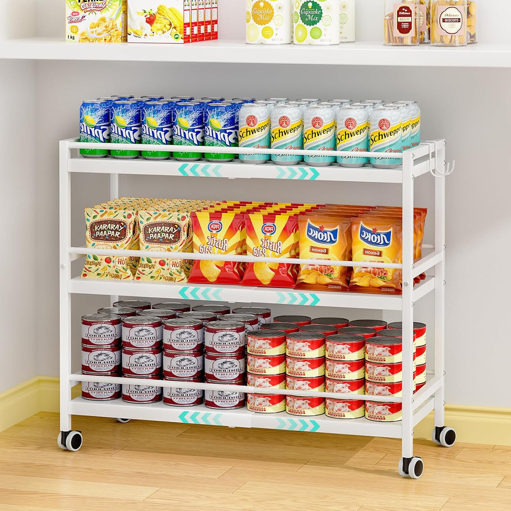 3-Tier Expandable Rolling Pantry Organizers and Storage Cart with Wheels, Adjustable Pantry Floor Organizer, Snack Cart for Pantry, Kitchen Storage Cart with 4 Hooks for Snack, Food, Vegetables, White