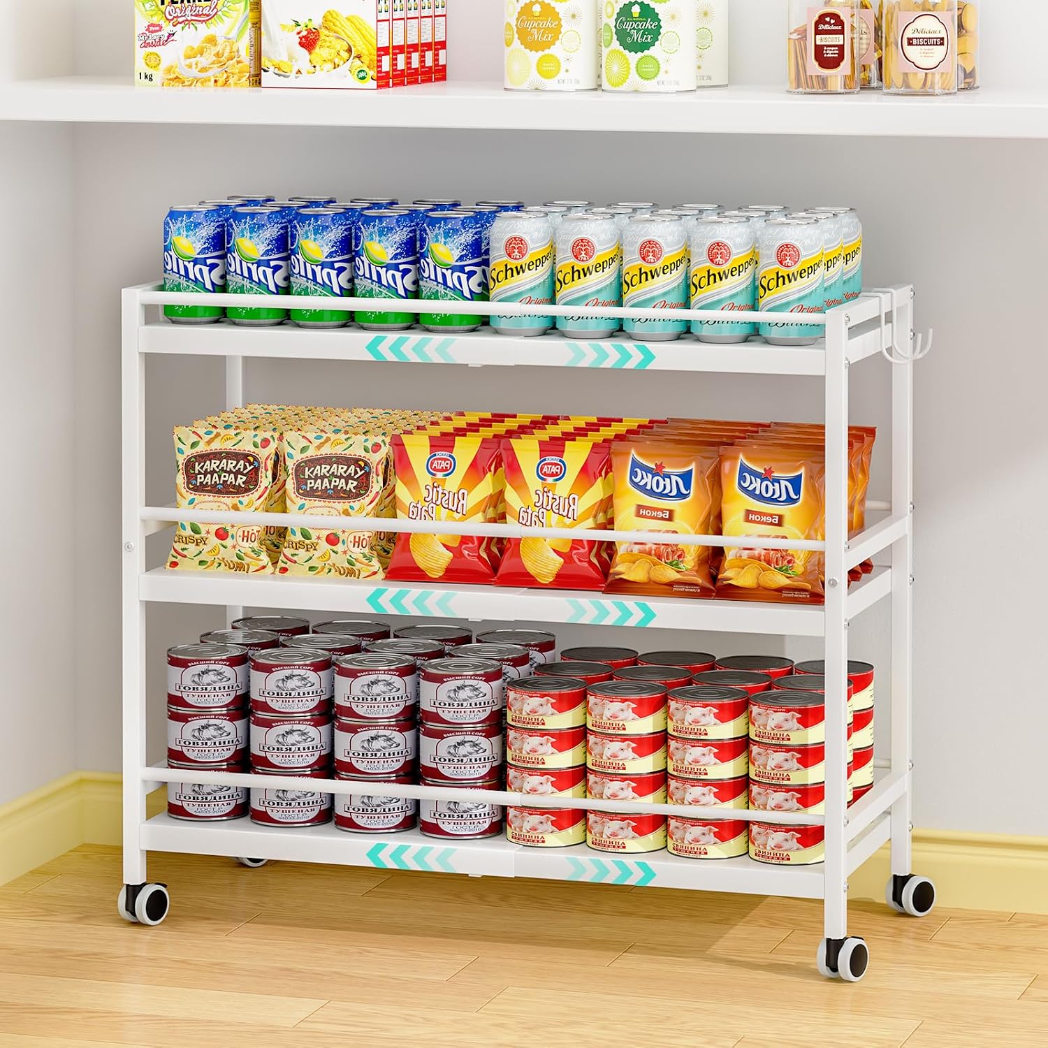 3-Tier Expandable Rolling Pantry Organizers and Storage Cart with Wheels, Adjustable Pantry Floor Organizer, Snack Cart for Pantry, Kitchen Storage Cart with 4 Hooks for Snack, Food, Vegetables, White