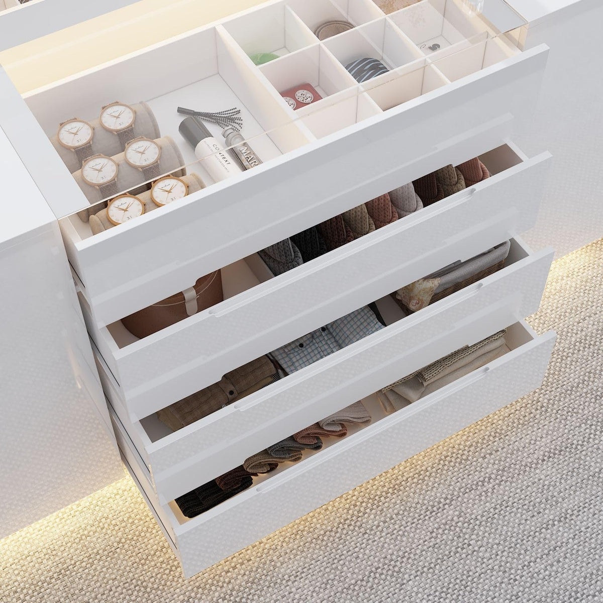 Armoire Bedroom Island Wardrobe Closet Island with 16 Drawers & Glass Tabletop, Island Dresser with Jewelry Organizer, Closet Island for Cloakroom White (63”W x 31.5”D x 31.5”H)