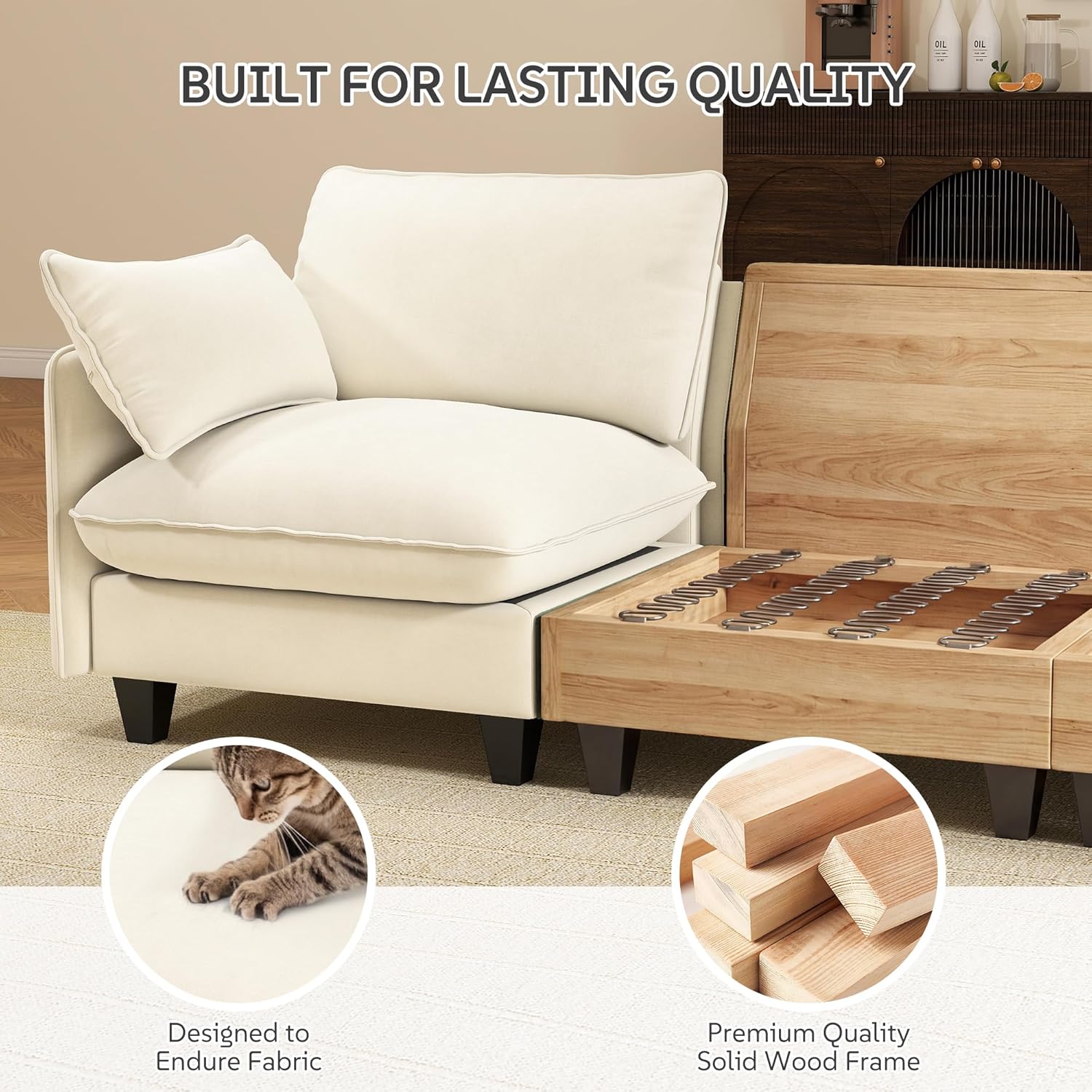 Ihanherry 105" Modular Sectional Sofa, L-Shaped Cloud Couch with Oversized Large Cushions & Movable Ottoman, Chenille Deep Seat Couch for Living Room, Beige