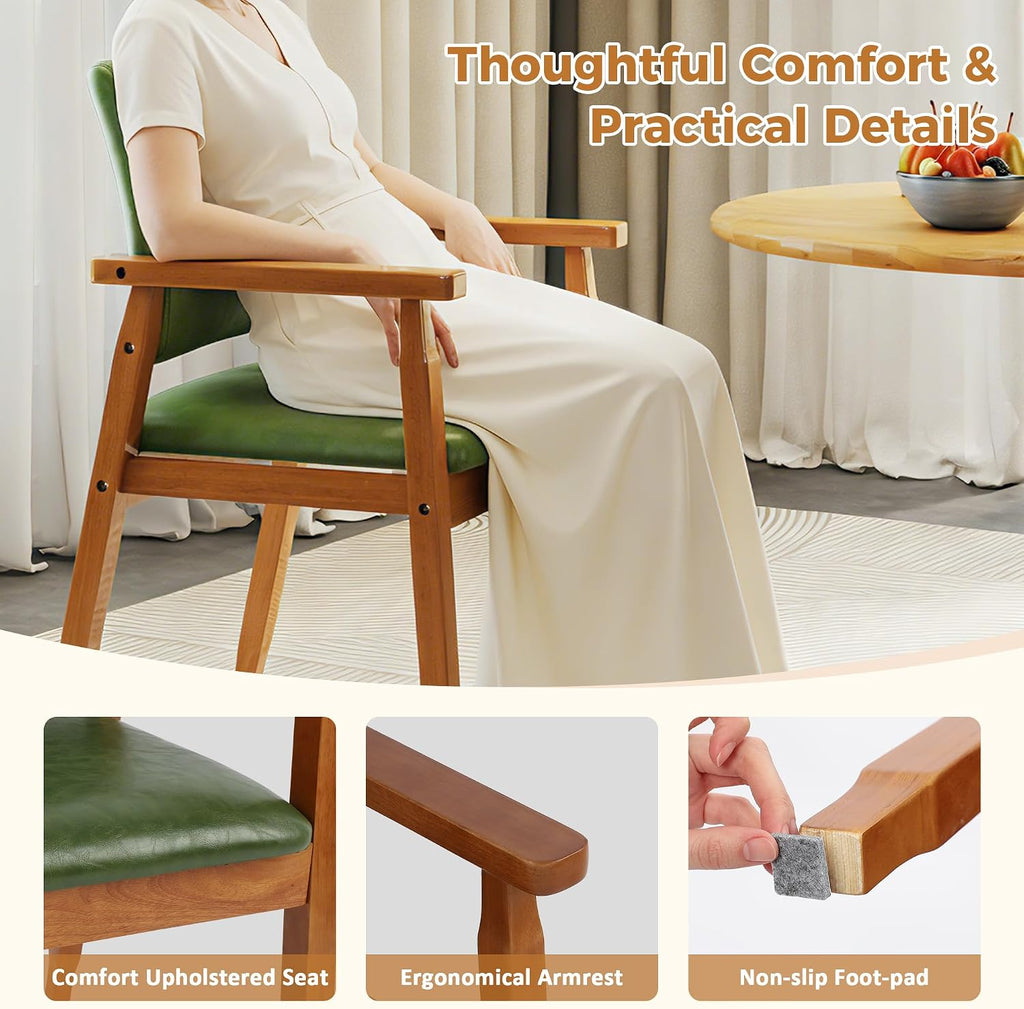 NOBPEINT Mid-Century Modern Dining Chairs with Armrest Set of 2, PU Leather Upholstered Dining Room Chairs with Solid Wood Frame, Walnut Kitchen Armchairs for Kitchen Living Room Restaurant, Green