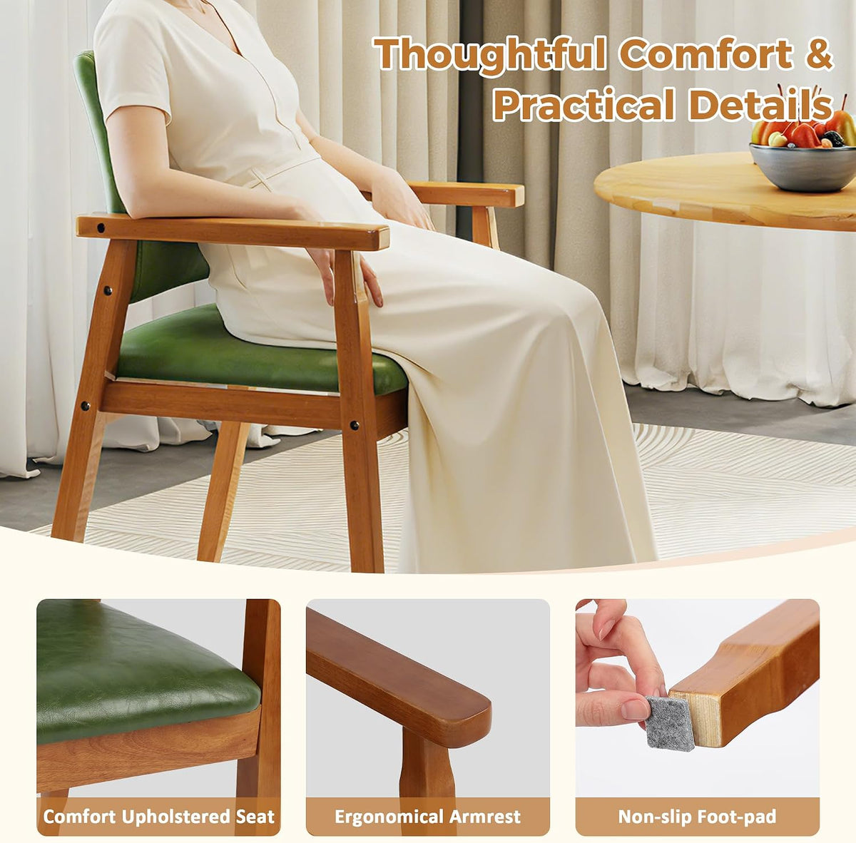 NOBPEINT Mid-Century Modern Dining Chairs with Armrest Set of 2, PU Leather Upholstered Dining Room Chairs with Solid Wood Frame, Walnut Kitchen Armchairs for Kitchen Living Room Restaurant, Green