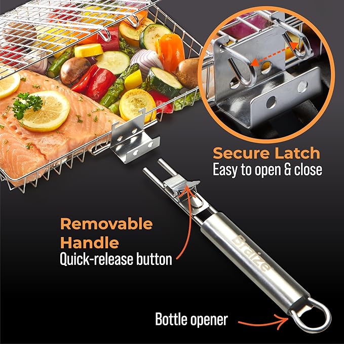 Stainless Steel Large Grill Basket with Removable Handle, Easy Open/Close Lid, Included Silicone Basting Brush & Steel-fiber Scrub Sponge - Perfect for Outdoor Cooking, BBQ, and Camping (12.25 x 9.5 x 1.5 Inches)