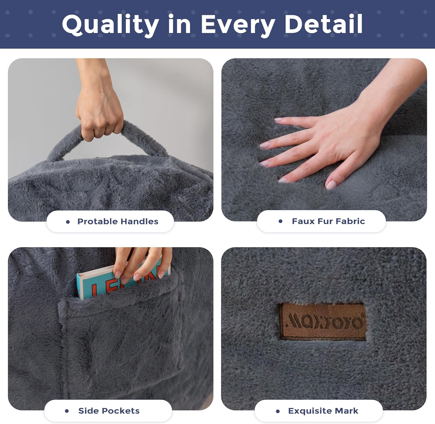 MAXYOYO Bean Bag Chair, Soft Bean Bag Sofa with Supportive Foam Filling | Plush Bean Bag Sofa with Supportive Foam Filling, Floor Sofa Seat with Side Pocket and Washable Cover, Dark Grey, 3FT