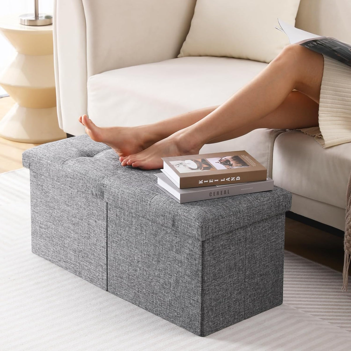 Storage Ottoman Bench Foldable Seat Footrest Shoe Bench End of Bed Storage with Flipping Lid, 75L Storage Space, 30 inches Linen Fabric Dark Grey
