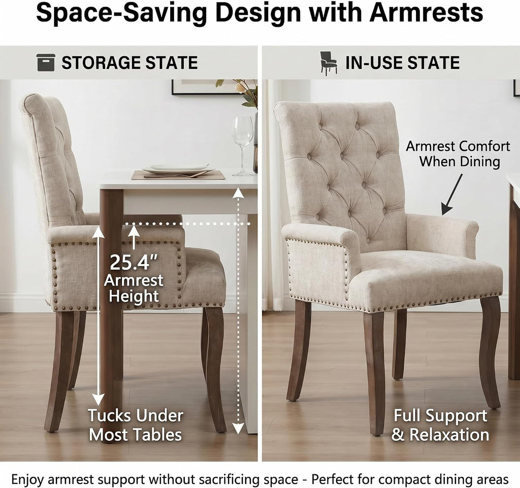 Upholstered Dining Chairs with Arms, Greyish Beige, 1 Pack | Tufted Chenille Kitchen Chairs with Arms, Modern Farmhouse Armchair with Nailhead Trim for Dining Room, Home Office