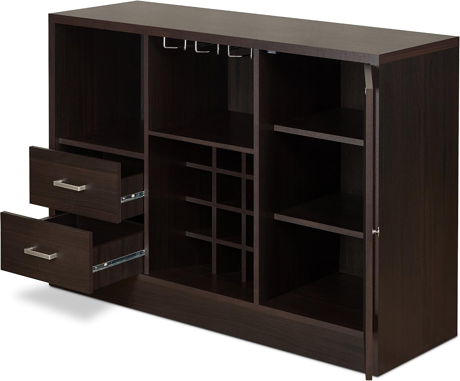 Knocbel Wooden Storage Wine Cabinet with Glass Door and 2 Interior Shelves, Console Table Buffet Sideboard Server with Drawers and Open Compartments for Kitchen 16" D x 47" W x 33" H Espresso