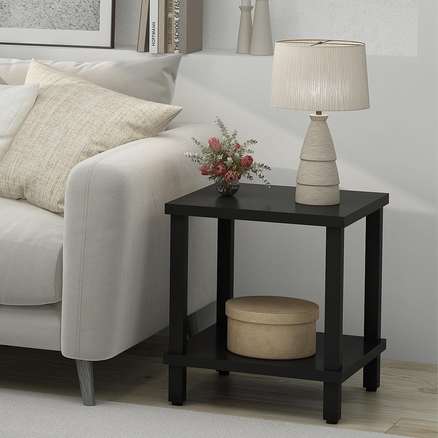 MMEOLUOOK Large End Table Square Side Table Modern Sofa Table 20 Inch Industrial Coffee Table NightStand with 2-Tier Storage Shelf for Living Room Bedroom Black MLBZ06B