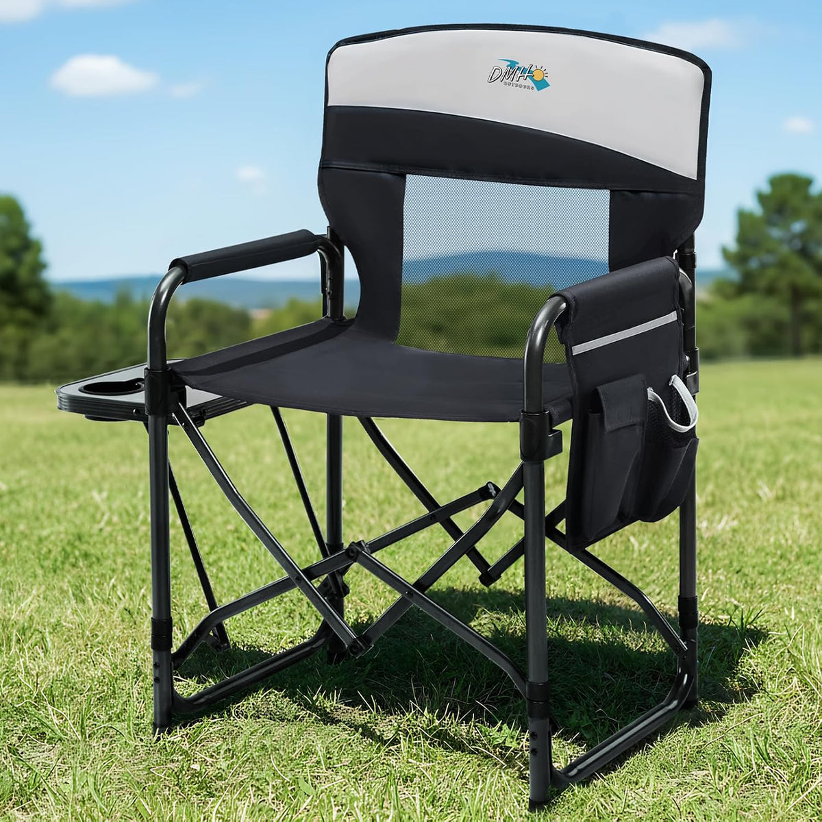 DMH OUTDOORS Camping Directors Chair with Side Table & Breeze Mesh Backrest | Oversized Heavy Duty Lawn Chairs with Pocket, 1-Step Setup Portable Folding Camp Chair for Beach, Sports, Fishing, Tailgating