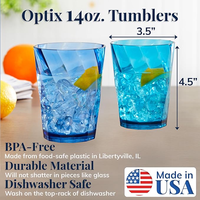 US Acrylic Optix Plastic Reusable Drinking Glasses (Set of 8) 14oz Rocks Cups in Coastal Colors | BPA-Free Tumblers, Made in USA | Top-Rack Dishwasher Safe