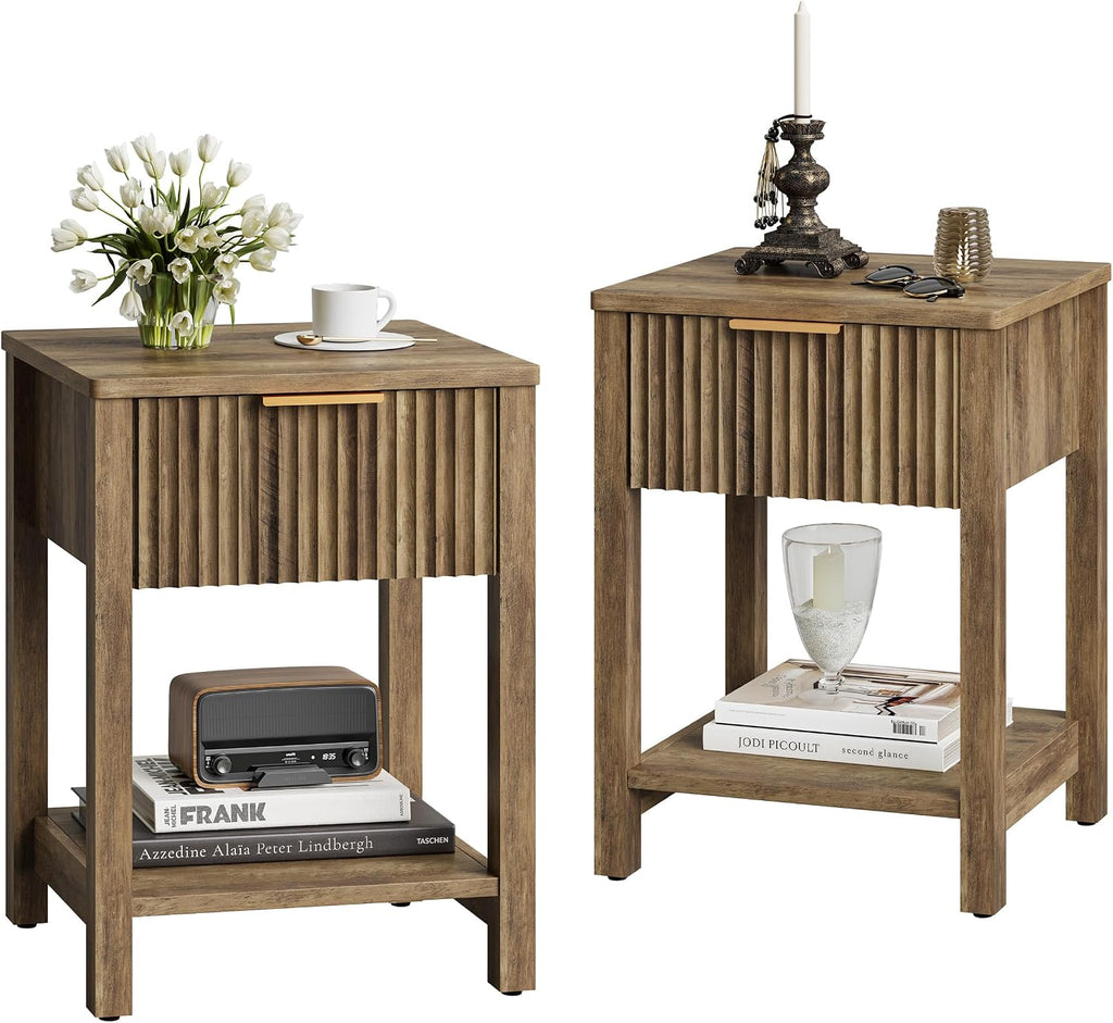 Fluted Nightstands Set of 2, Farmhouse Wood End Table with Drawer, Modern Beside Table with Open Storage Shelf, Small Side Table Organizer for Couch Bedroom Living Room(2, Brown) BNS102YW-2