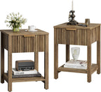 Fluted Nightstands Set of 2, Farmhouse Wood End Table with Drawer, Modern Beside Table with Open Storage Shelf, Small Side Table Organizer for Couch Bedroom Living Room(2, Brown) BNS102YW-2