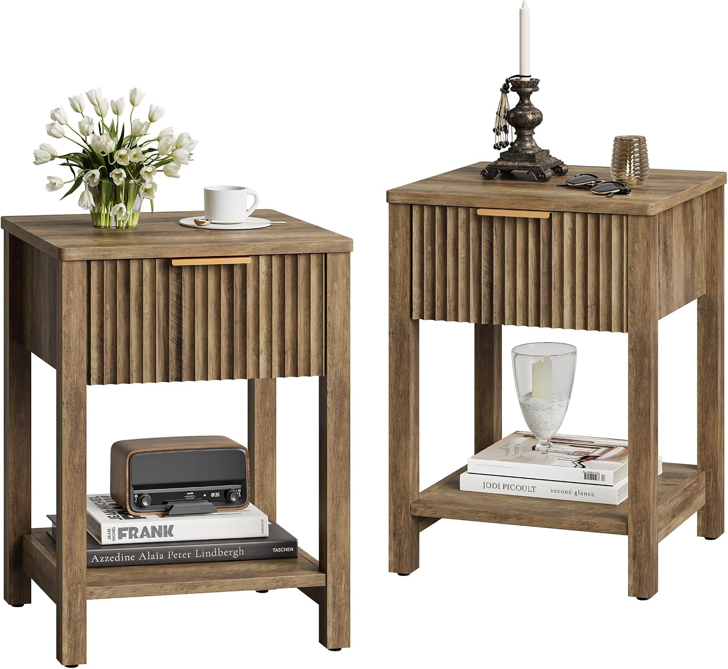 Fluted Nightstands Set of 2, Farmhouse Wood End Table with Drawer, Modern Beside Table with Open Storage Shelf, Small Side Table Organizer for Couch Bedroom Living Room(2, Brown) BNS102YW-2