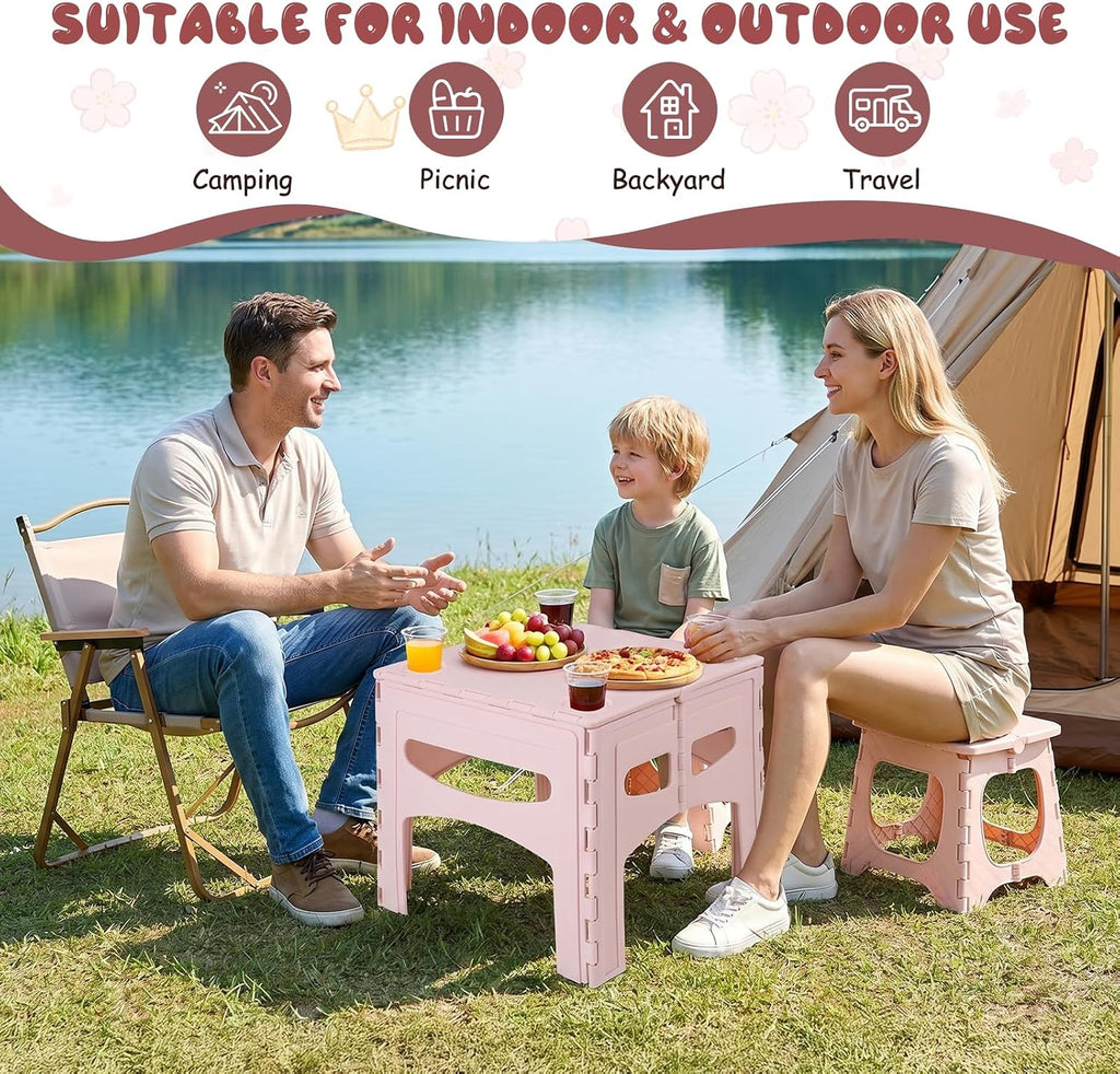 3-Piece Plastic Kids Folding Table and Chairs Set, Portable Activity Furniture with 2 Foldable Chairs for Playroom, Crafts, Snacks, Learning, Indoor Outdoor Use and Small Spaces Light Pink