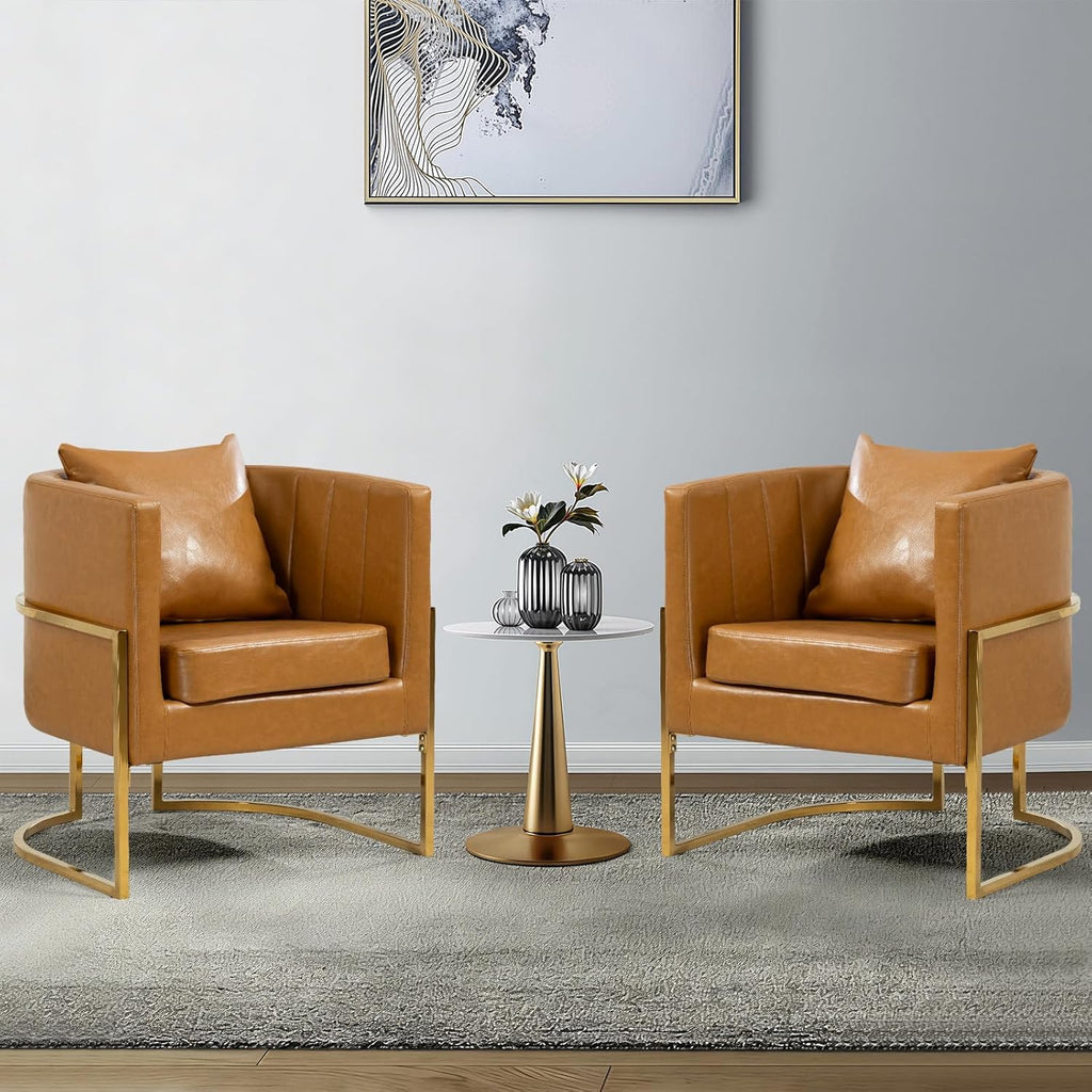 Leather Accent Chairs Set of 2, Mid Century Modern Upholstered Barrel Armchair with Pillow for Living Room, Comfy Single Vanity Chair with Metal Gold Legs for Bedroom, Orange