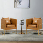 Leather Accent Chairs Set of 2, Mid Century Modern Upholstered Barrel Armchair with Pillow for Living Room, Comfy Single Vanity Chair with Metal Gold Legs for Bedroom, Orange