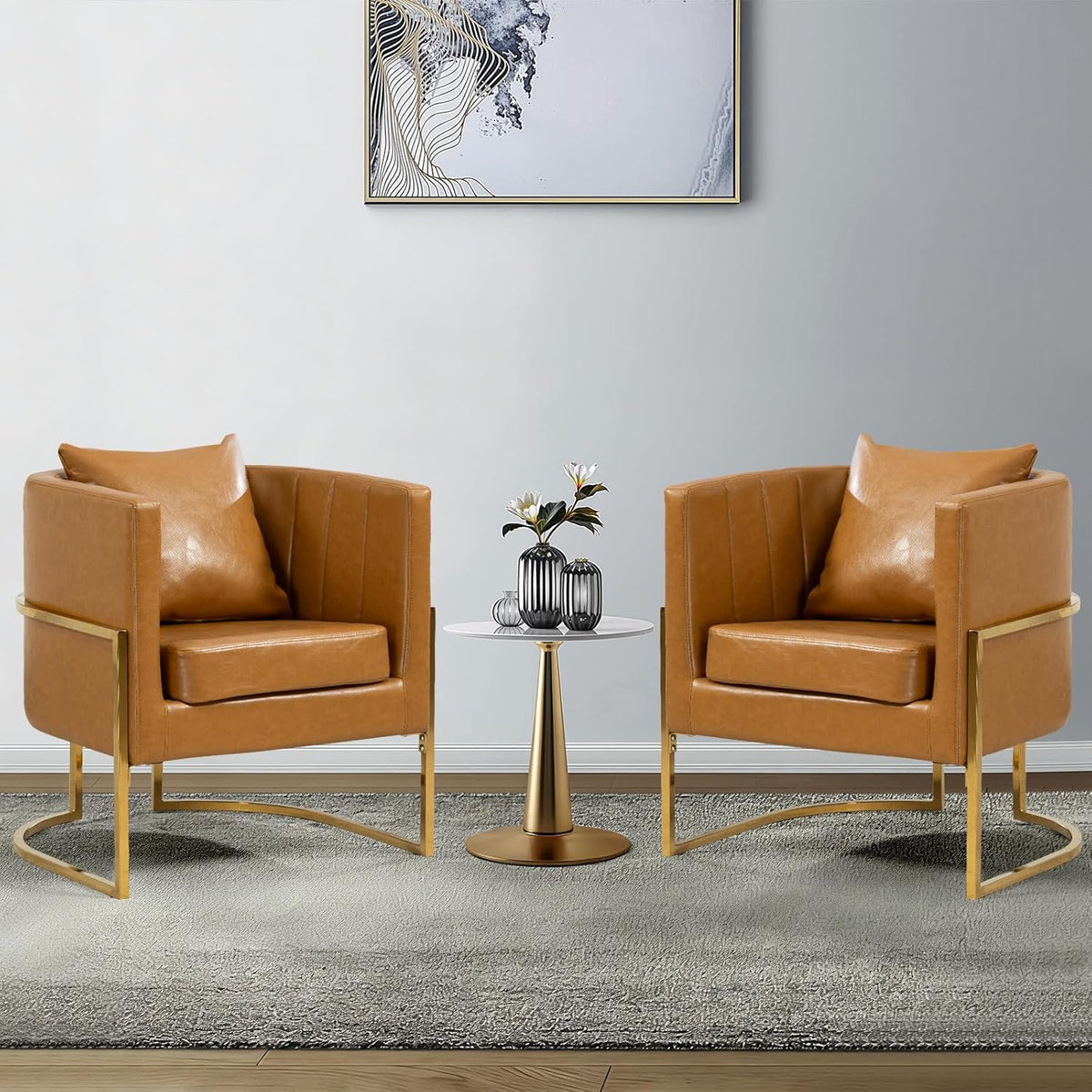 Leather Accent Chairs Set of 2, Mid Century Modern Upholstered Barrel Armchair with Pillow for Living Room, Comfy Single Vanity Chair with Metal Gold Legs for Bedroom, Orange