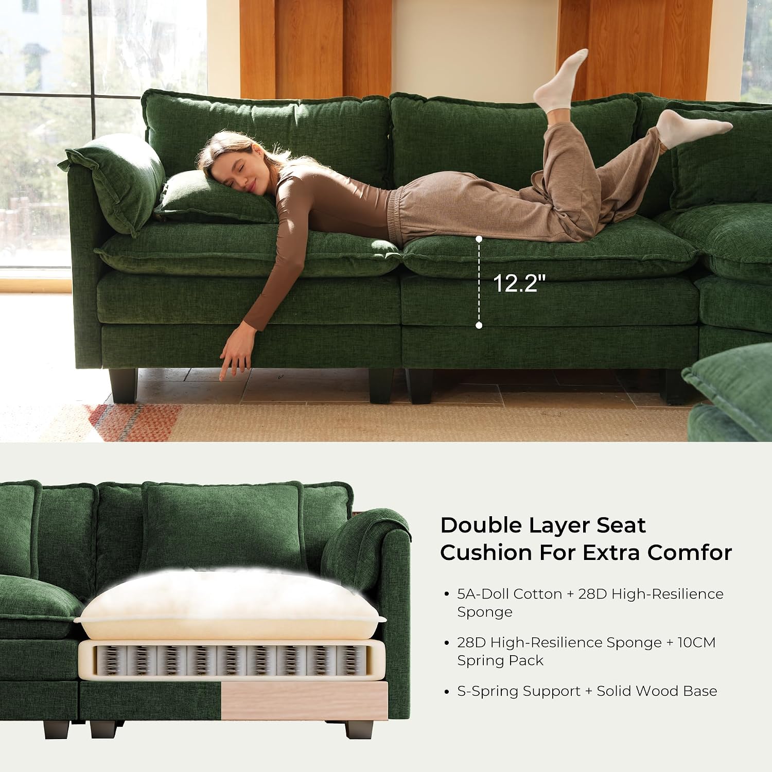 ELUCHANG 113" Oversized Modular Sectional Sofa, Comfy Chenille Cloud Couch, 4-Seater L Shaped Modern Deep Seat Sofa w/Removable Covers for Living Room, Bedroom, DIY Combination - Green