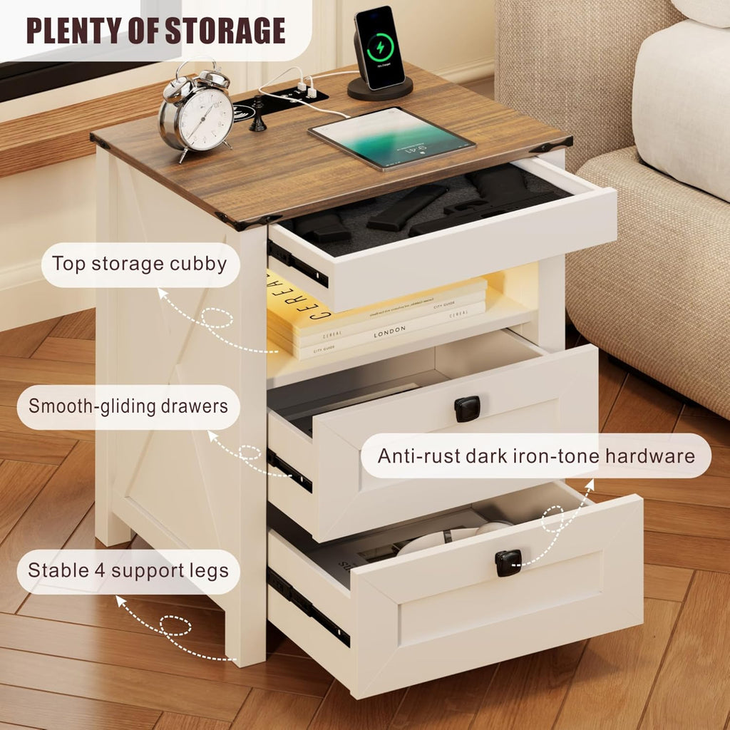 HWB LED Nightstand Set of 2 with Gun Drawer: Bedside Table with Charging Station for Bedroom Furniture – Farmhouse Night Stand with 3 Colors Smart Human Sensor Lights for Living Room End Table, White