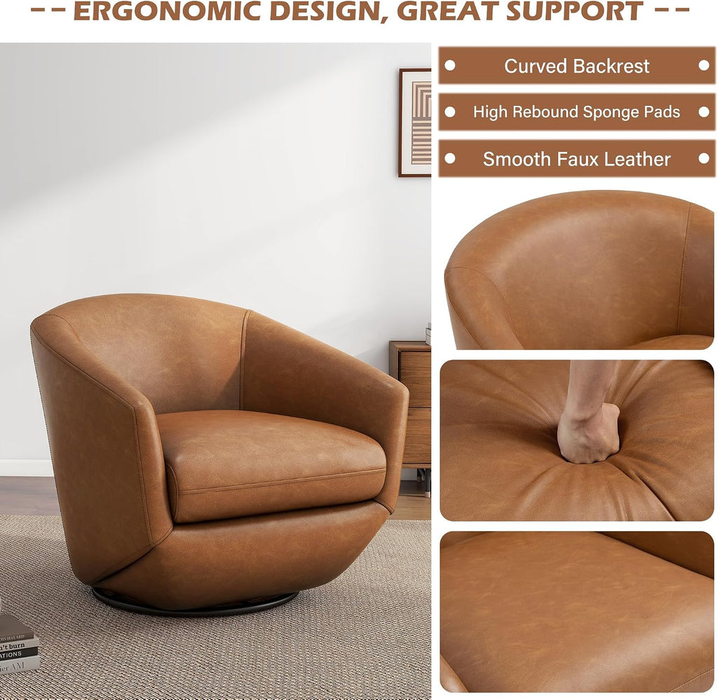 360° Swivel Barrel Accent Chair, PU Leather Upholstered Club Armchair for Living Room, Modern Round Arm Chair Single Sofa Bedroom Reading Seating (Brown)