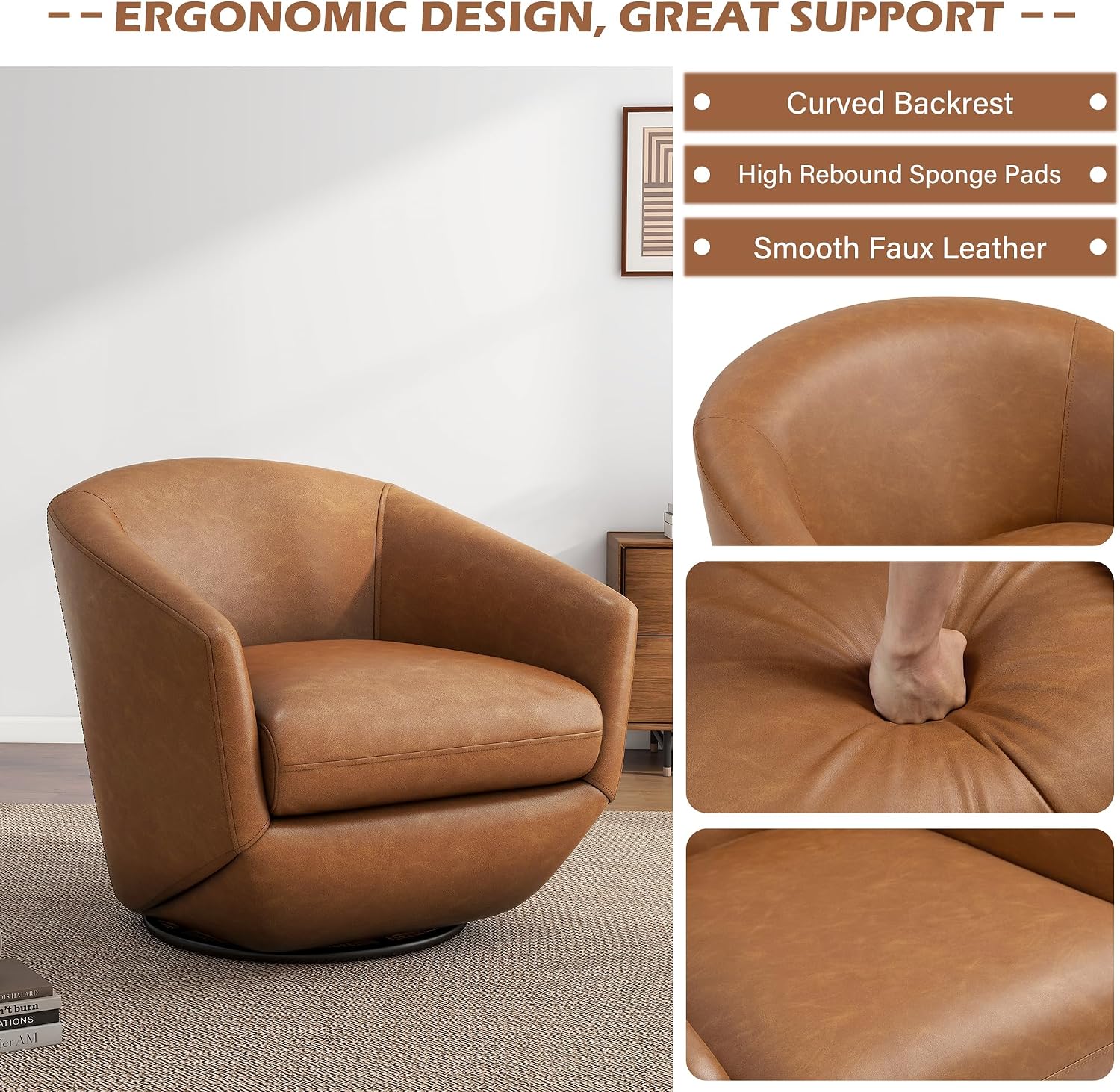 360° Swivel Barrel Accent Chair, PU Leather Upholstered Club Armchair for Living Room, Modern Round Arm Chair Single Sofa Bedroom Reading Seating (Brown)