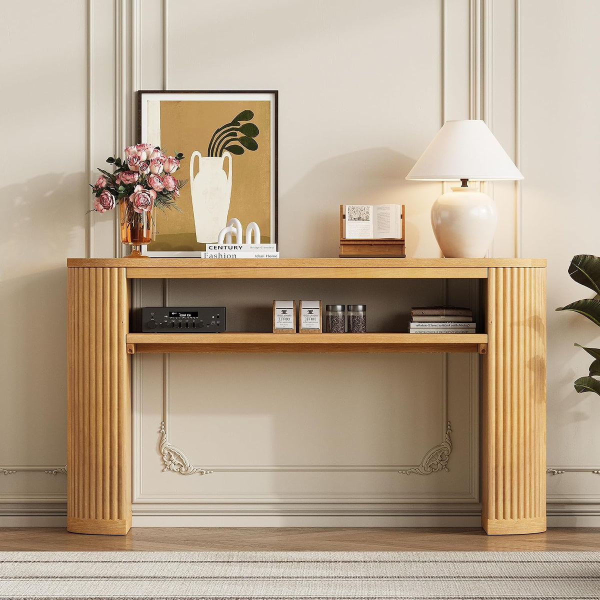 Vintage Farmhouse Console Table with Fluted Legs & Ash Veneer Top - Oval Entryway Sofa Table, Rustic Accent with Open Storage Shelf, Distressed Finish Options (Natural9)