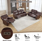 CANMOV Genuine Leather Power Reclining Sofa Set,Living Room Furniture Sofa Set,Power Recliner Chair,Loveseat and Sofa with Storage Console, USB Ports, Cup Holders for Living Room,Dark Brown