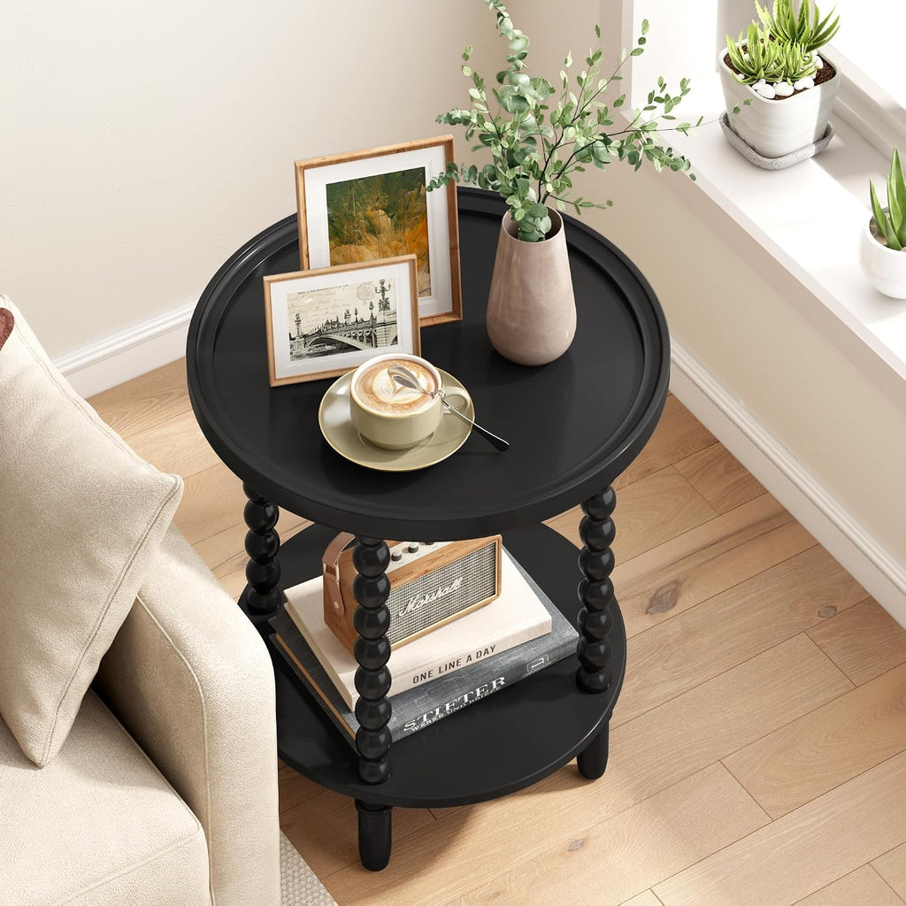 Gadroad Round End Table with Storage Shelf, Black 19.3 * 19.3 * 25.6 inches | 2 Tier Couch Side Table, Wood Coffee Table for Living Room, Bedroom