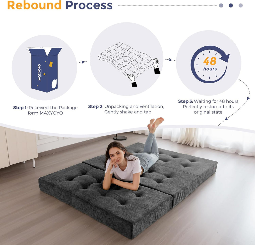 MAXYOYO 6" Folding Sofa Bed for Floor, Tufted Tri-Fold Floor Mattress with Chenille Fabric, Full Size Portable Sofa Couch Guest Mat for Adults, Foldable Topper for Camping, Dark Grey, 53"x75"