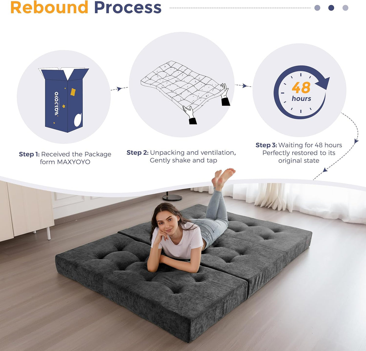 MAXYOYO 6" Folding Sofa Bed for Floor, Tufted Tri-Fold Floor Mattress with Chenille Fabric, Full Size Portable Sofa Couch Guest Mat for Adults, Foldable Topper for Camping, Dark Grey, 53"x75"