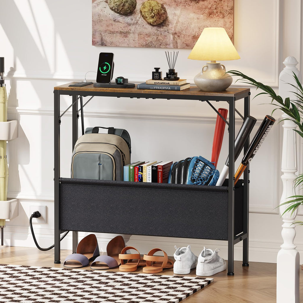 Asgolion 31.5" Console Table, 9.5" D Entryway Table with Power Outlets & USB Ports & Fabric Basket, Narrow Sofa Table for Hallway, Foyer, Living Room, Rustic Brown
