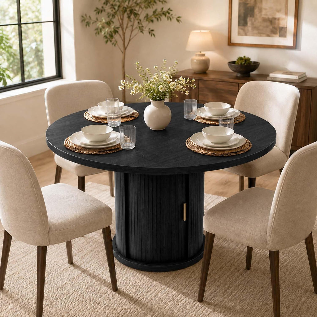 47-63" Extendable Round Dining Table with Storage for 4-6 Person, Fluted Circle Dining Table with 2-Tier Shelves|Leaf, Space-Saving Design (Black, 4-6 Person)
