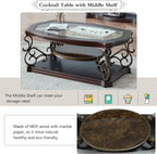 Henf 3 Piece Living Room Table Set, Retro Brown Coffee Table with 2 End Table, Coffee Table Set with Glass Top and Metal Frame for Home Office