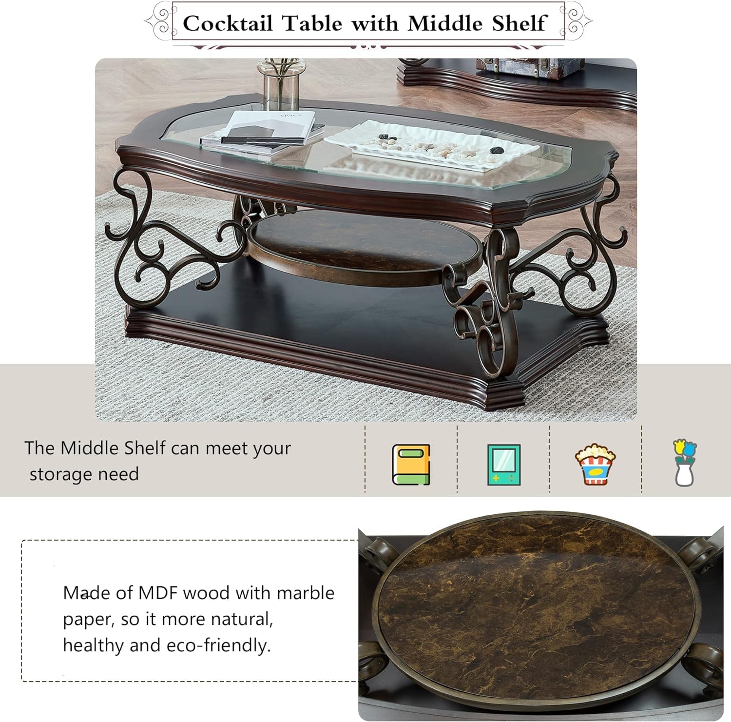 Henf 3 Piece Living Room Table Set, Retro Brown Coffee Table with 2 End Table, Coffee Table Set with Glass Top and Metal Frame for Home Office
