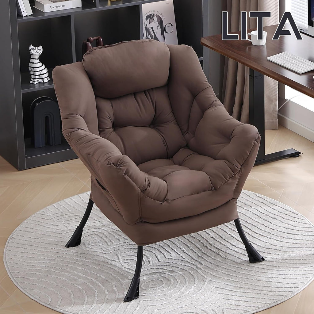 LITA Lazy Chair with Armrests and Side Pocket, Modern Upholstered Accent Reading Chair for Living Room, Bedroom, Dorm, Small Spaces, Single Dark Brown