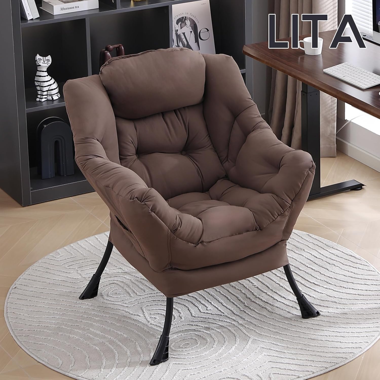 LITA Lazy Chair with Armrests and Side Pocket, Modern Upholstered Accent Reading Chair for Living Room, Bedroom, Dorm, Small Spaces, Single Dark Brown
