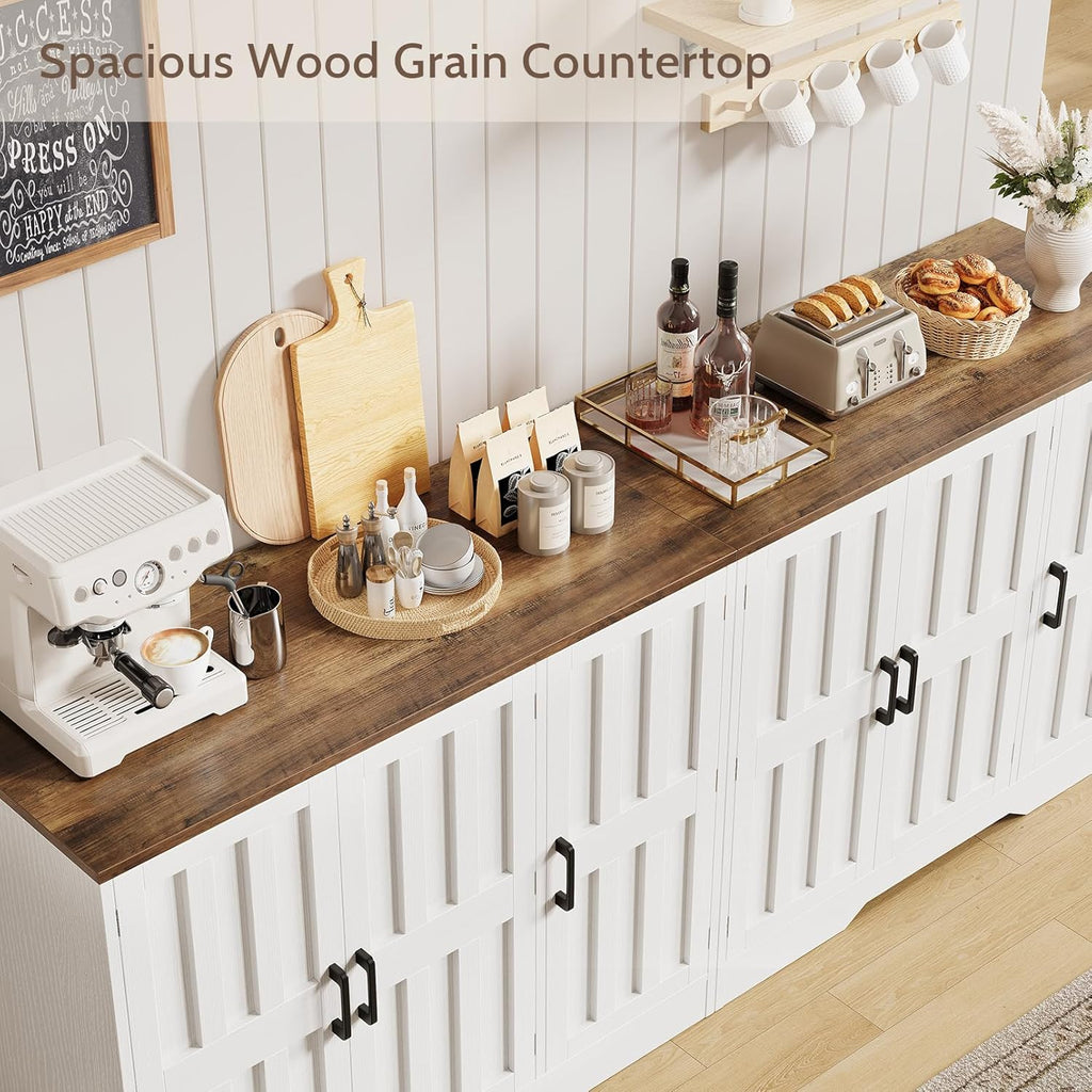 Modern Farmhouse Buffet Cabinet with Storage, 85" Large Sideboard Storage Cabinet with 6 Barn Doors, Coffee Liquor Bar Cabinet Wood Table Credenza with Adjustable Shelf for Kitchen Dining Living Room