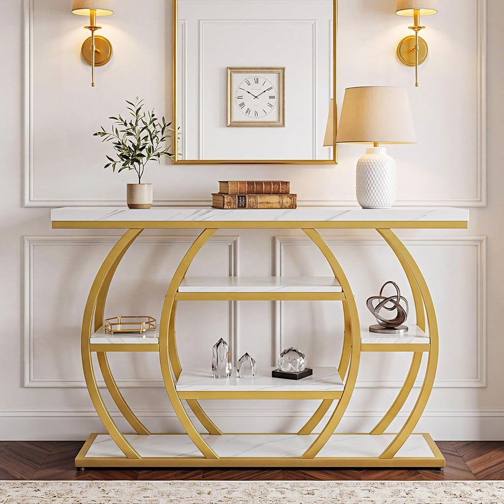 Tribesigns Modern Console Table, 41.3" Narrow Entryway Table with Storage Shelves & Faux Marble Top, 5-Tier Sofa Tables Behind Couch with Arched Metal Frame for Living Room, Hallway (Gold & White)
