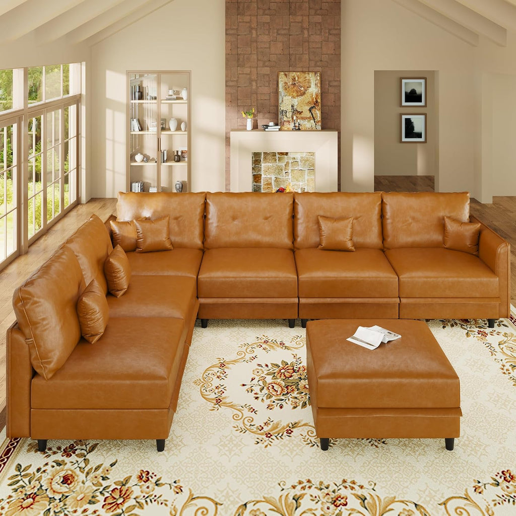 LLappuil 7-Seater L-Shaped Sectional Modular Sofa with Storage, Deep Seat Faux Leather Couches for Living Room, Waterproof & Scratch Resistant, Cognac Tan